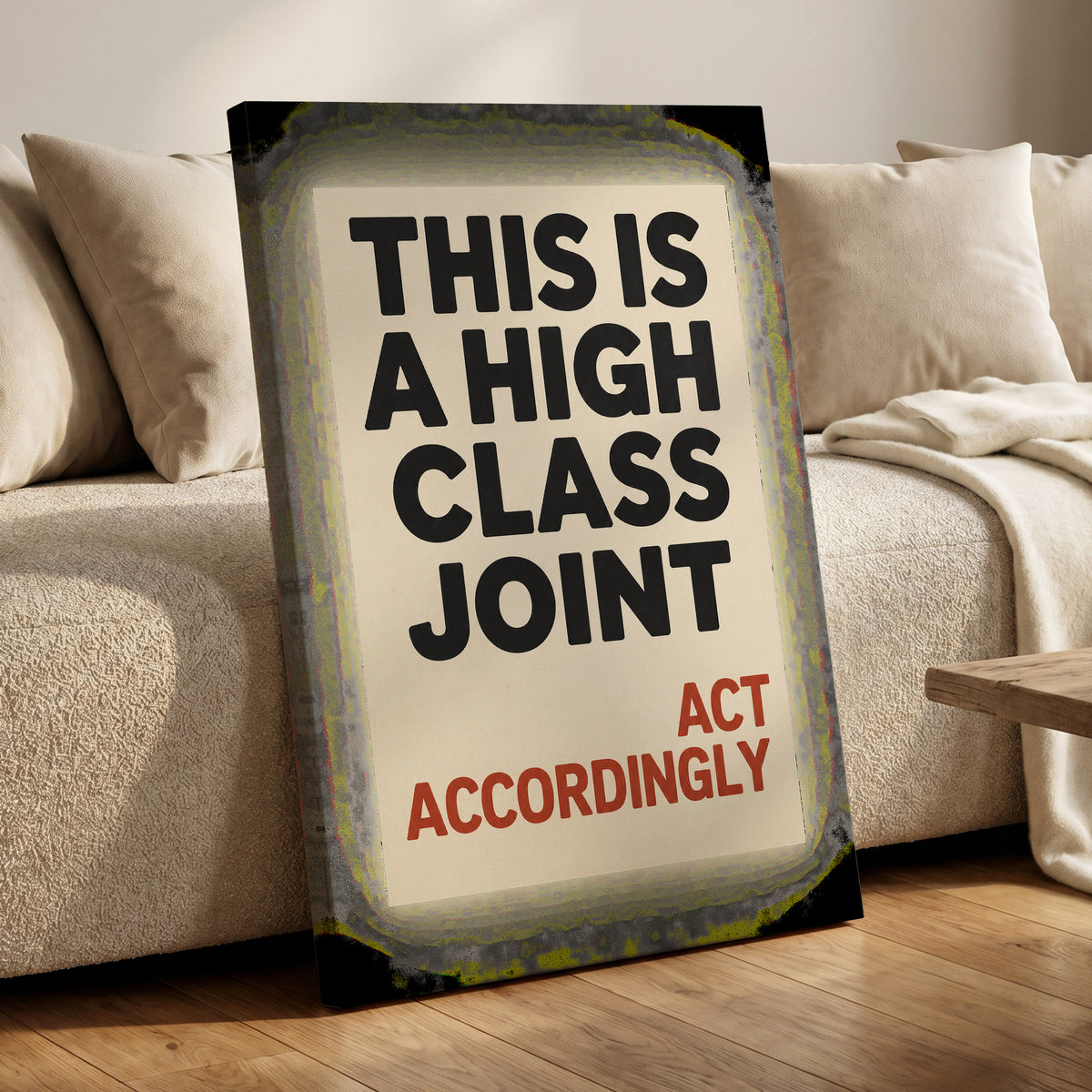 High Class House Rules, black, beige, red minimalist wall art displayed in a styled interior, gallery view 7