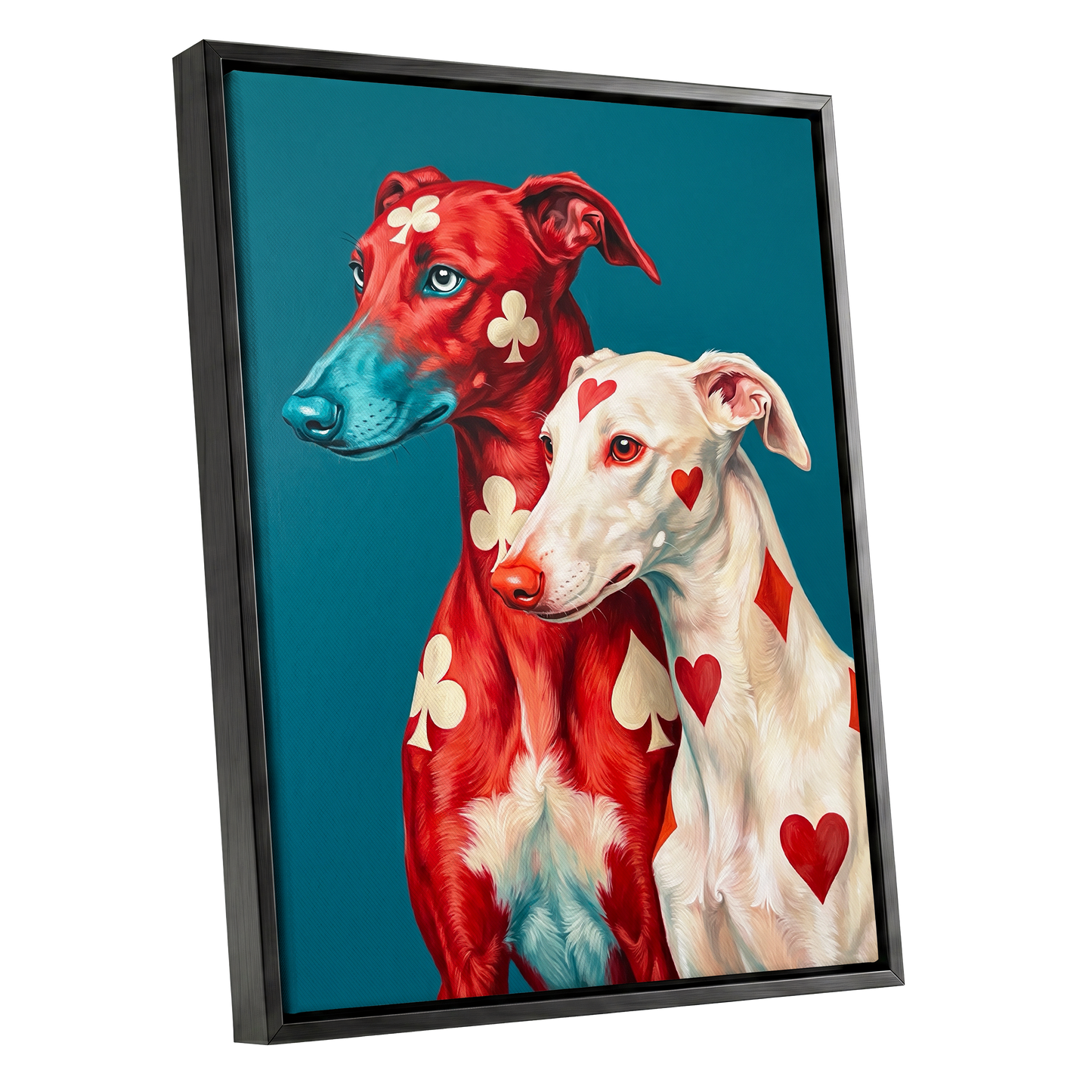 High Stakes Hounds, red, blue, white nature wall art shown as a black framed canvas wall art