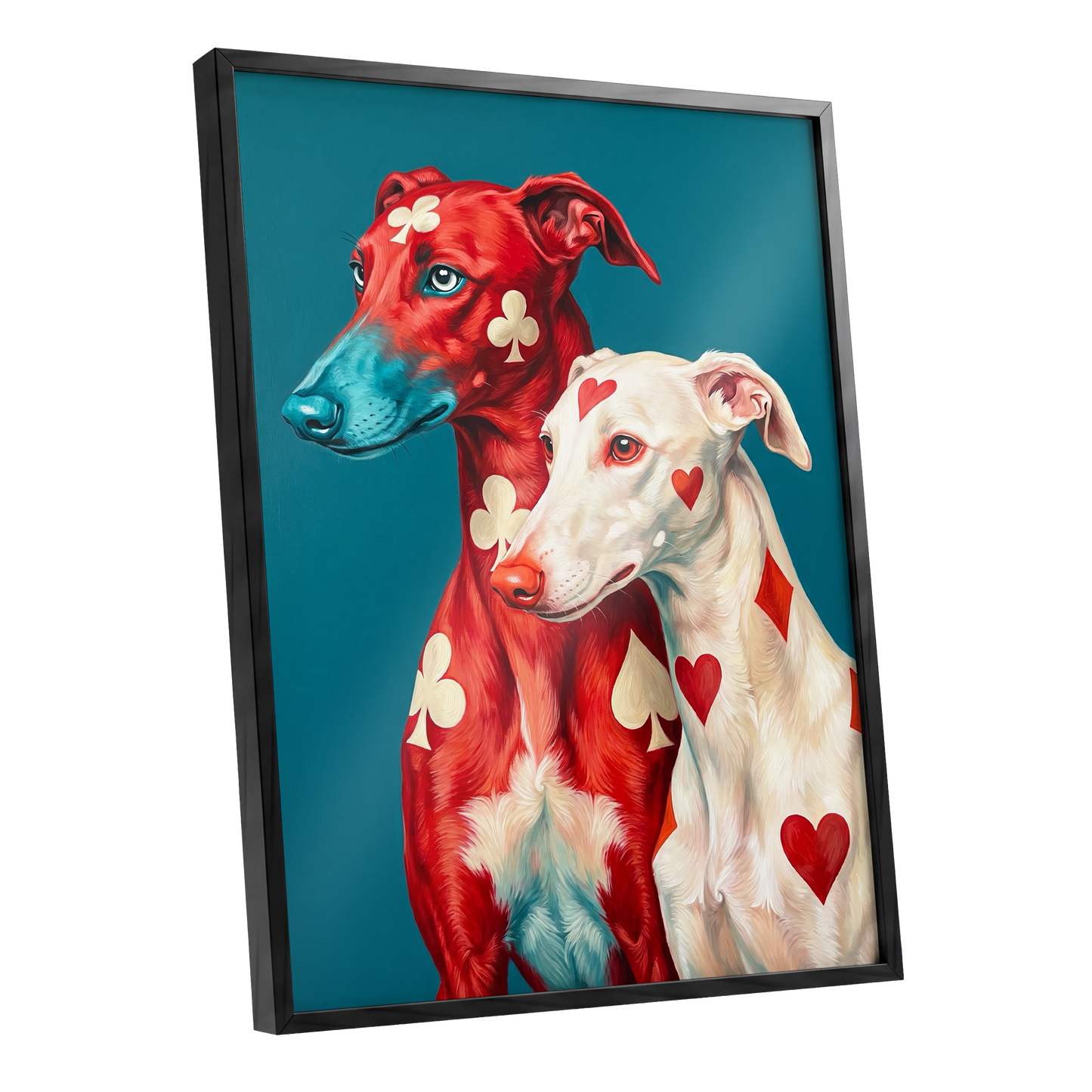 High Stakes Hounds, red, blue, white nature wall art shown as a black framed poster wall art print