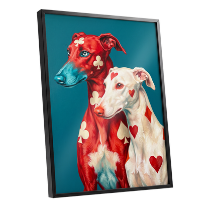 High Stakes Hounds, red, blue, white nature wall art shown as a black framed poster wall art print