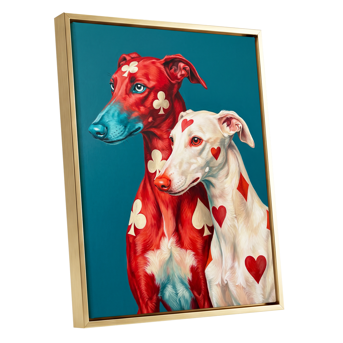 High Stakes Hounds, red, blue, white nature wall art shown as a gold framed canvas wall art