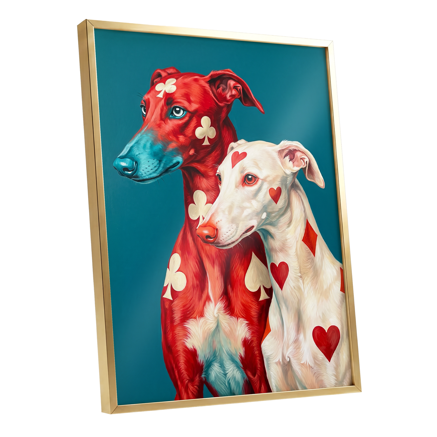 High Stakes Hounds, red, blue, white nature wall art shown as a gold framed poster wall art print