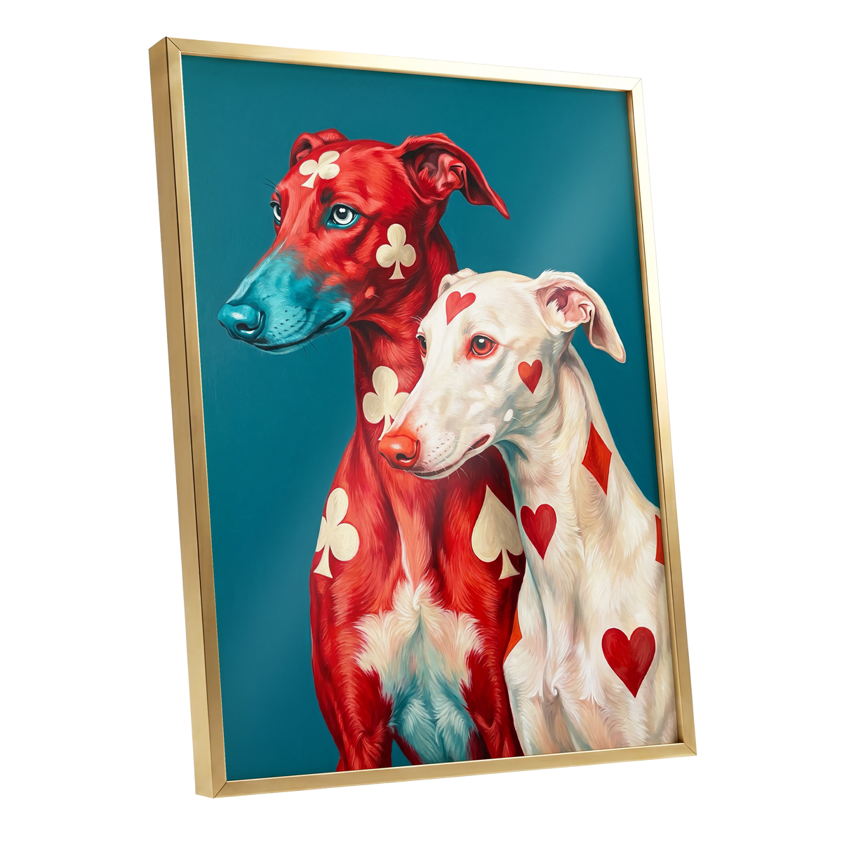 High Stakes Hounds, red, blue, white nature wall art shown as a gold framed poster wall art print