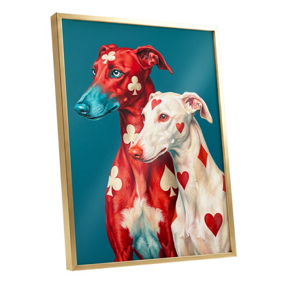 High Stakes Hounds, red, blue, white nature wall art shown as a gold framed poster wall art print