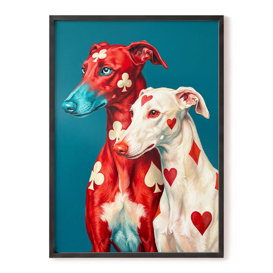High Stakes Hounds, red, blue, white nature wall art, front artwork view