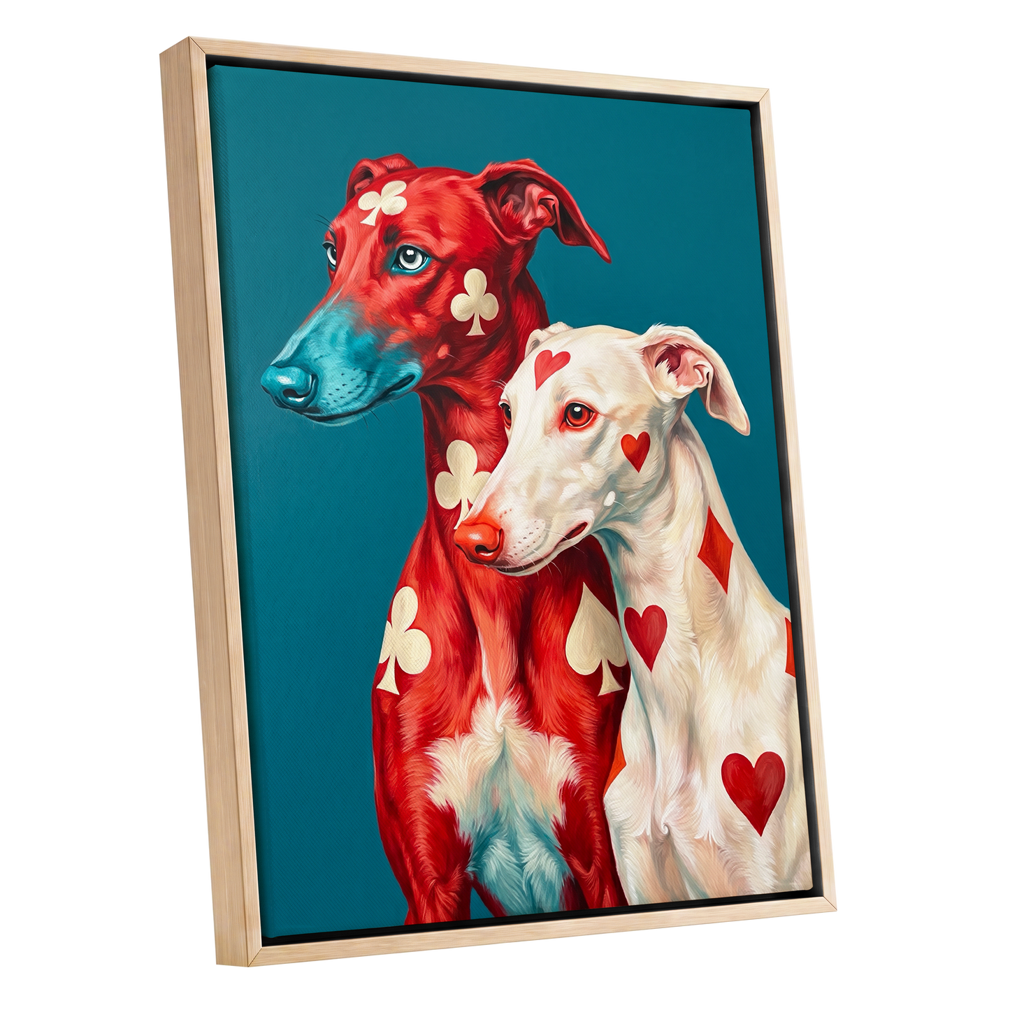 High Stakes Hounds, red, blue, white nature wall art shown as a oak framed canvas wall art