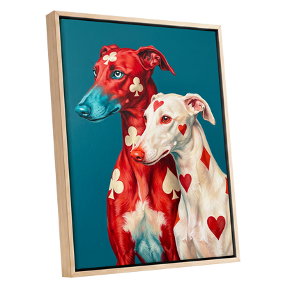 High Stakes Hounds, red, blue, white nature wall art shown as a oak framed canvas wall art