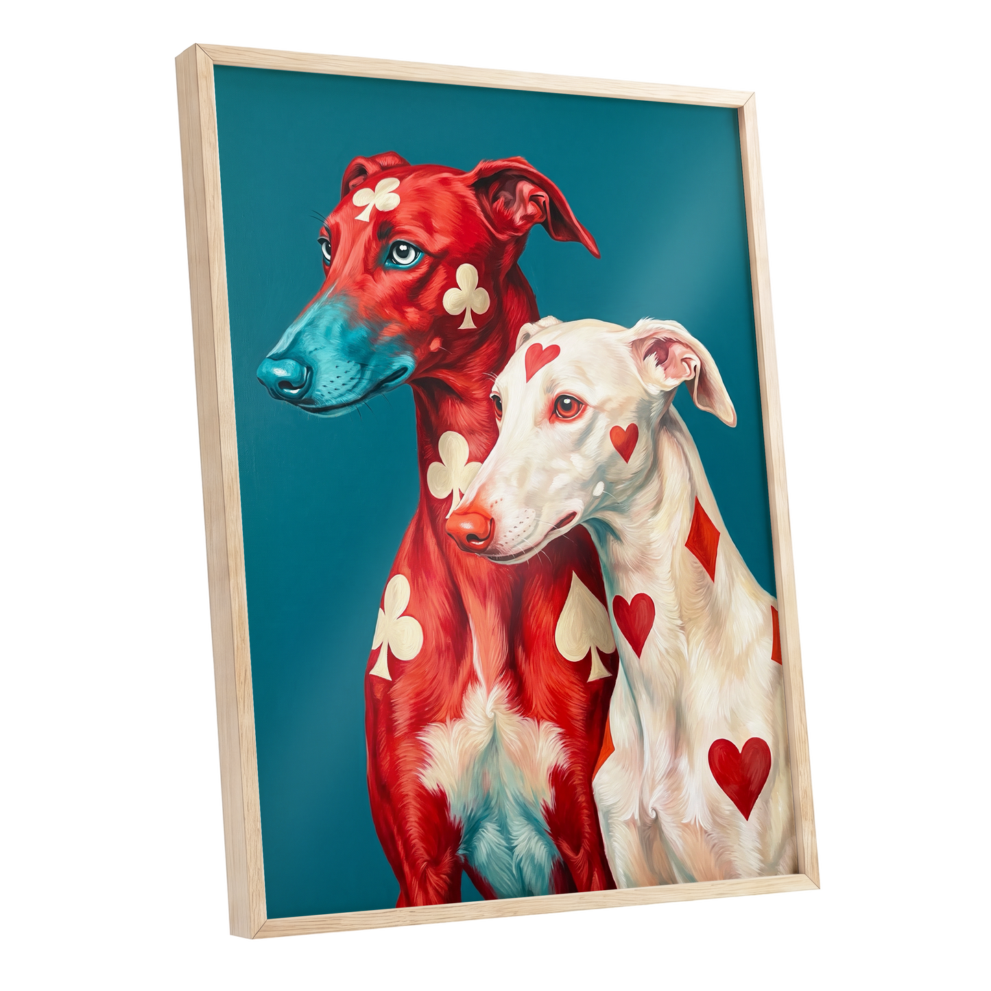 High Stakes Hounds, red, blue, white nature wall art shown as a oak framed poster wall art print