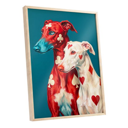 High Stakes Hounds, red, blue, white nature wall art shown as a oak framed poster wall art print
