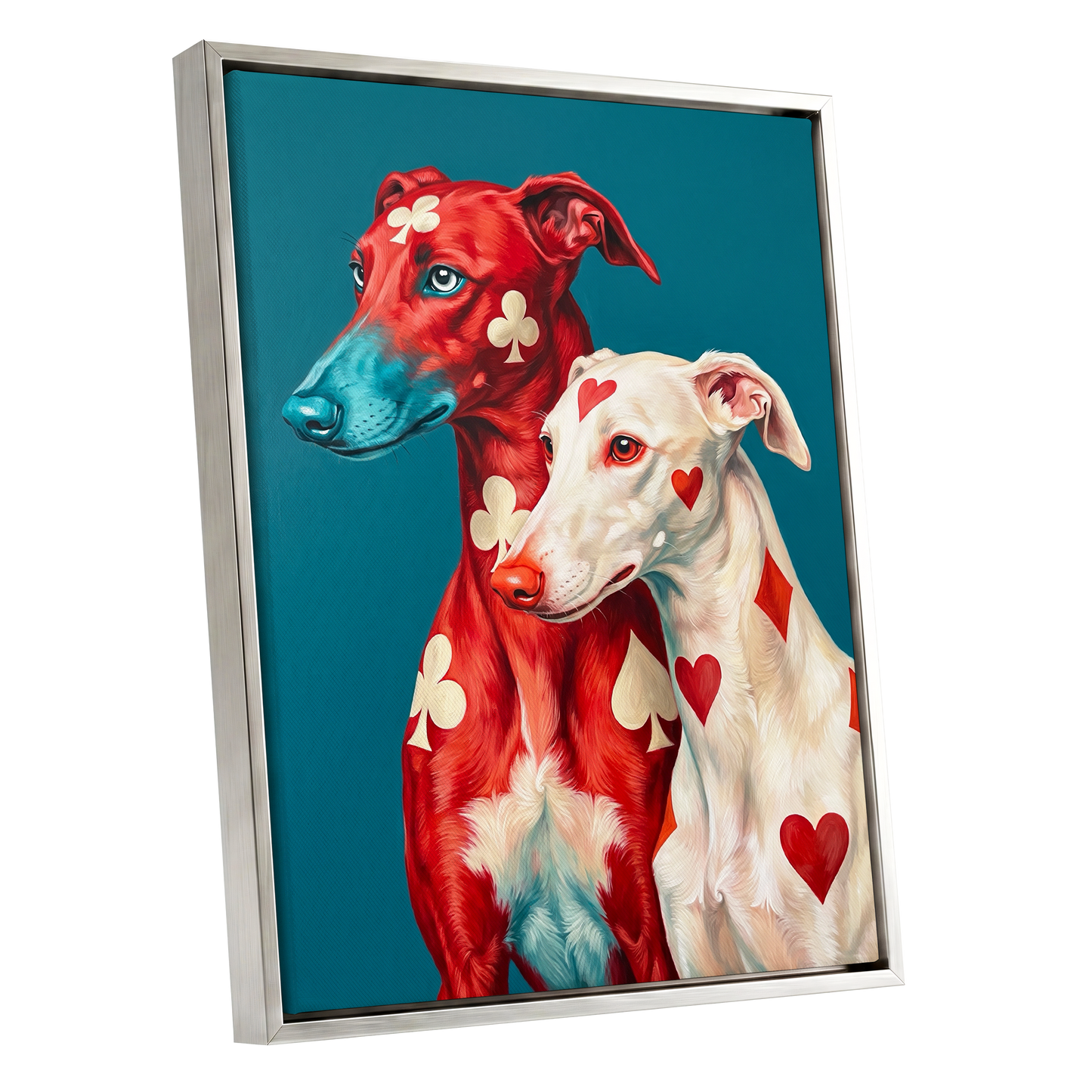 High Stakes Hounds, red, blue, white nature wall art shown as a silver framed canvas wall art