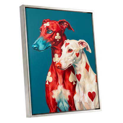 High Stakes Hounds, red, blue, white nature wall art shown as a silver framed canvas wall art