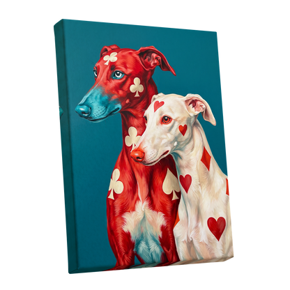 High Stakes Hounds, red, blue, white nature wall art shown as a stretched canvas wall art