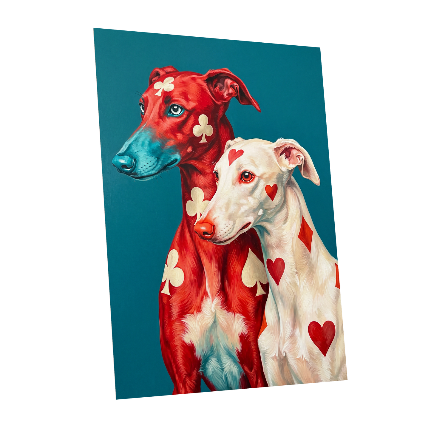 High Stakes Hounds, red, blue, white nature wall art shown as a unframed poster wall art print