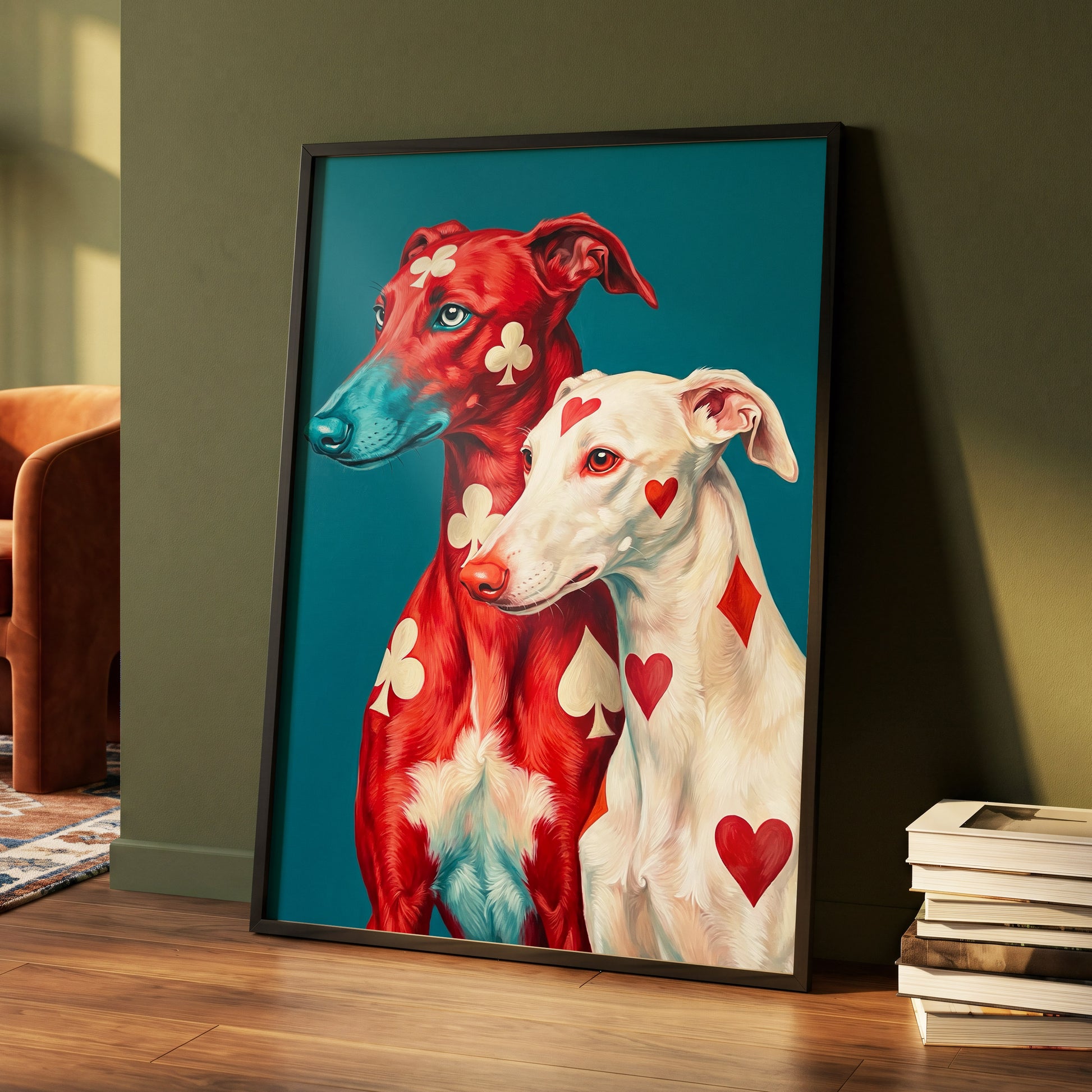 High Stakes Hounds, red, blue, white nature wall art displayed in a styled interior, gallery view 2