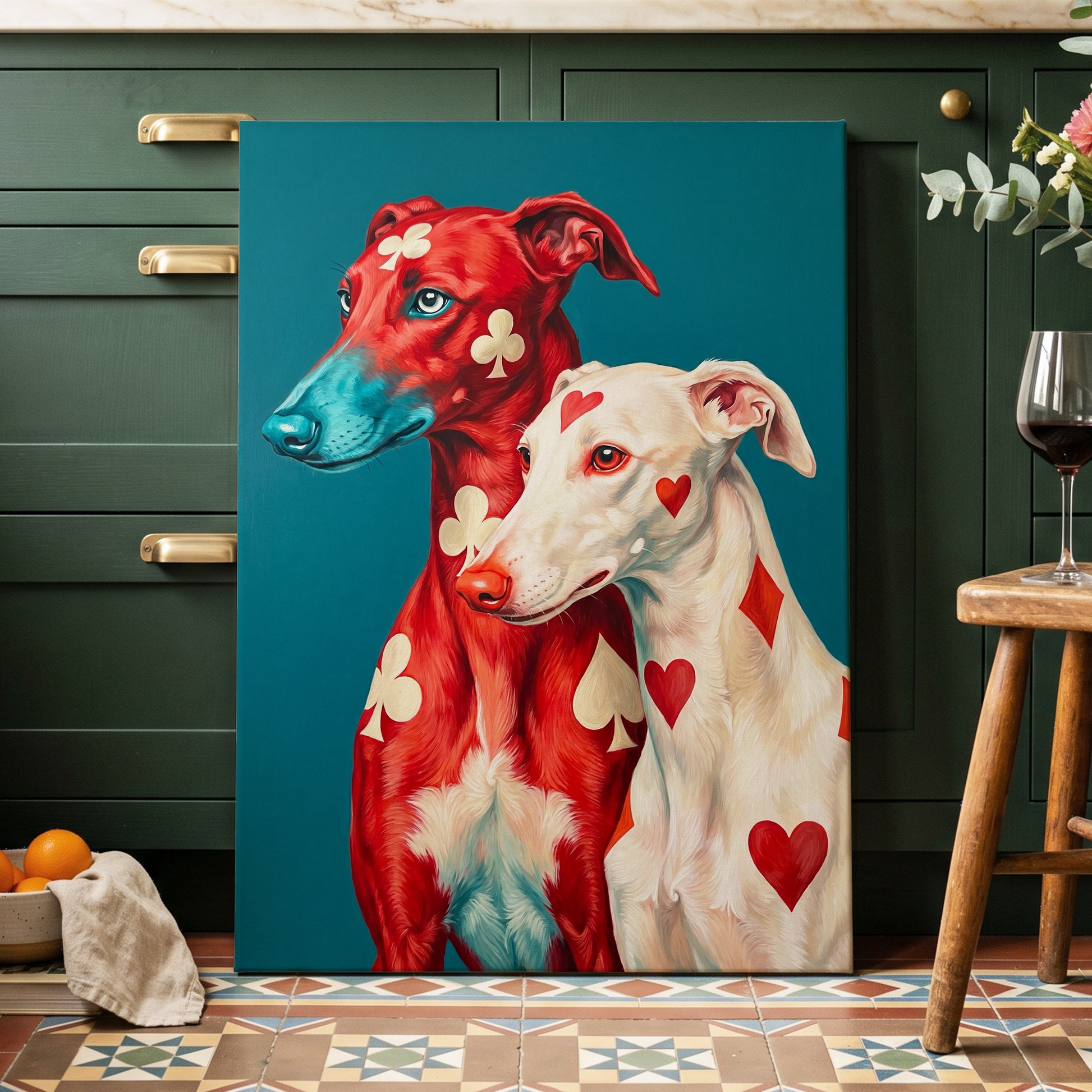 High Stakes Hounds, red, blue, white nature wall art displayed in a styled interior, gallery view 3
