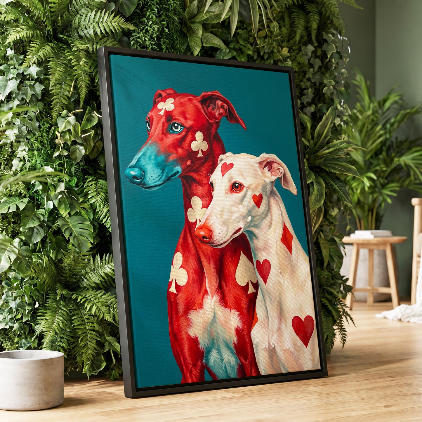 High Stakes Hounds, red, blue, white nature wall art displayed in a styled interior, gallery view 4