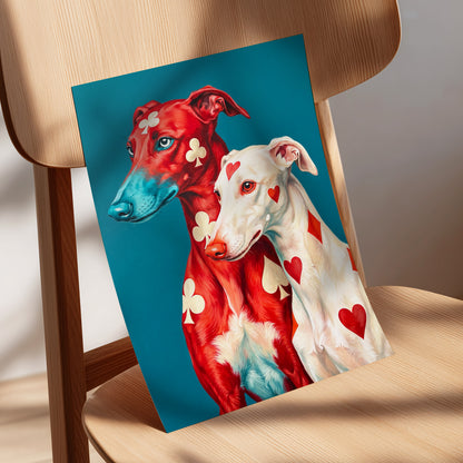 High Stakes Hounds, red, blue, white nature wall art displayed in a styled interior, gallery view 5