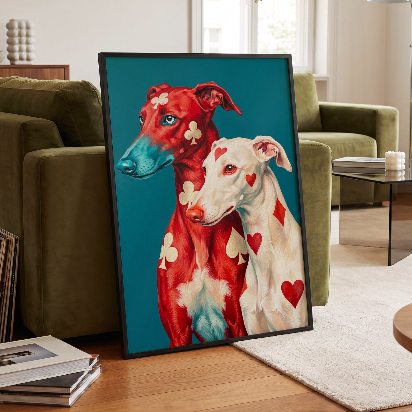 High Stakes Hounds, red, blue, white nature wall art displayed in a styled interior, gallery view 6