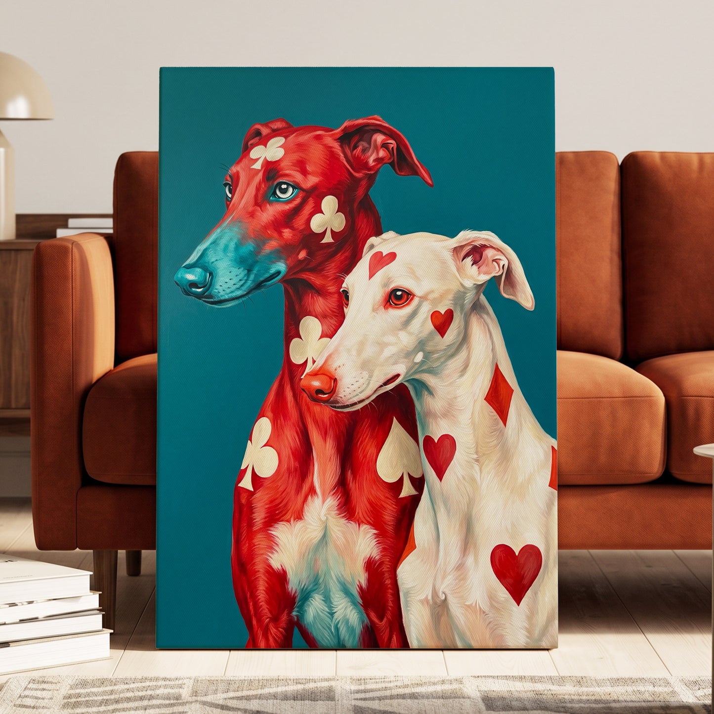 High Stakes Hounds, red, blue, white nature wall art displayed in a styled interior, gallery view 7