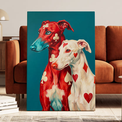 High Stakes Hounds, red, blue, white nature wall art displayed in a styled interior, gallery view 7