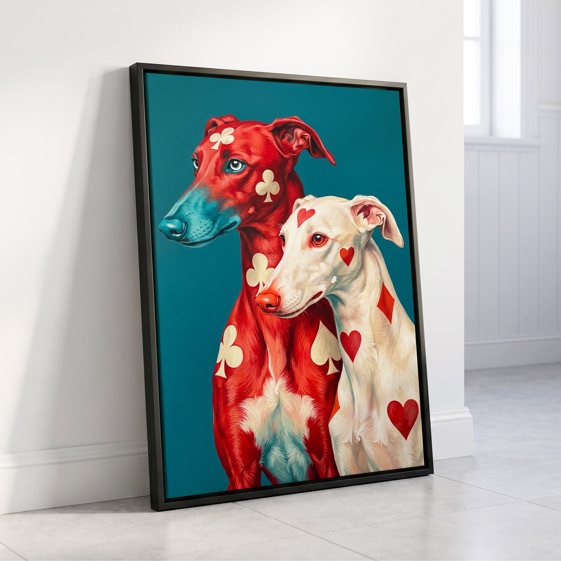 High Stakes Hounds, red, blue, white nature wall art displayed in a styled interior, gallery view 8