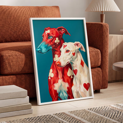 High Stakes Hounds, red, blue, white nature wall art displayed in a styled interior, gallery view 9