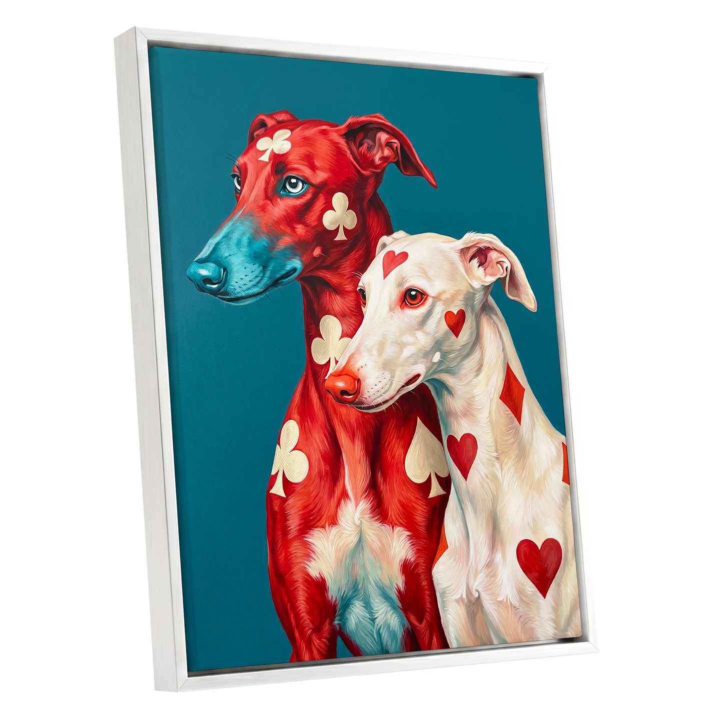 High Stakes Hounds, red, blue, white nature wall art shown as a white framed canvas wall art
