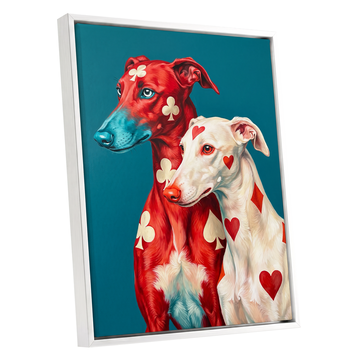 High Stakes Hounds, red, blue, white nature wall art shown as a white framed canvas wall art