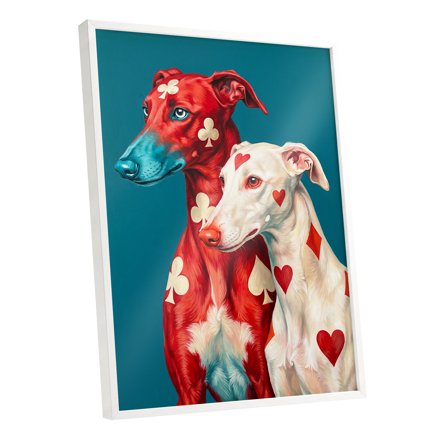 High Stakes Hounds, red, blue, white nature wall art shown as a white framed poster wall art print