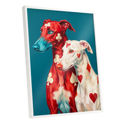 High Stakes Hounds, red, blue, white nature wall art shown as a white framed poster wall art print