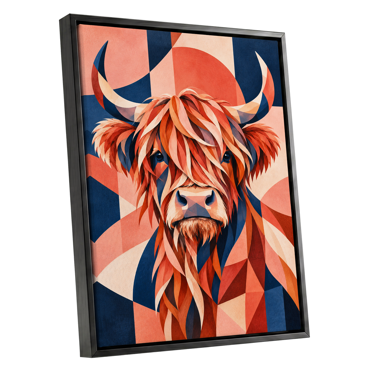 Highland Ember, orange, blue, beige nature wall art shown as a black framed canvas wall art