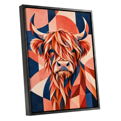 Highland Ember, orange, blue, beige nature wall art shown as a black framed canvas wall art