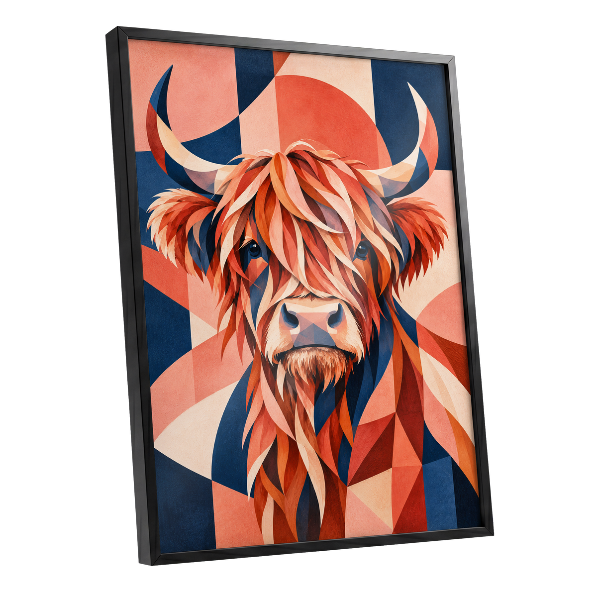 Highland Ember, orange, blue, beige nature wall art shown as a black framed poster wall art print