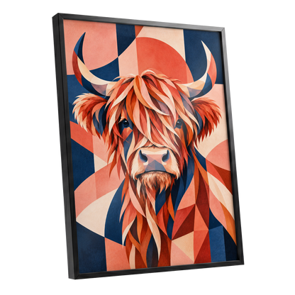 Highland Ember, orange, blue, beige nature wall art shown as a black framed poster wall art print