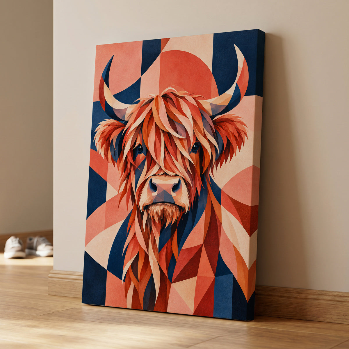 Highland Ember, orange, blue, beige nature wall art on canvas displayed in a styled interior, gallery view 1