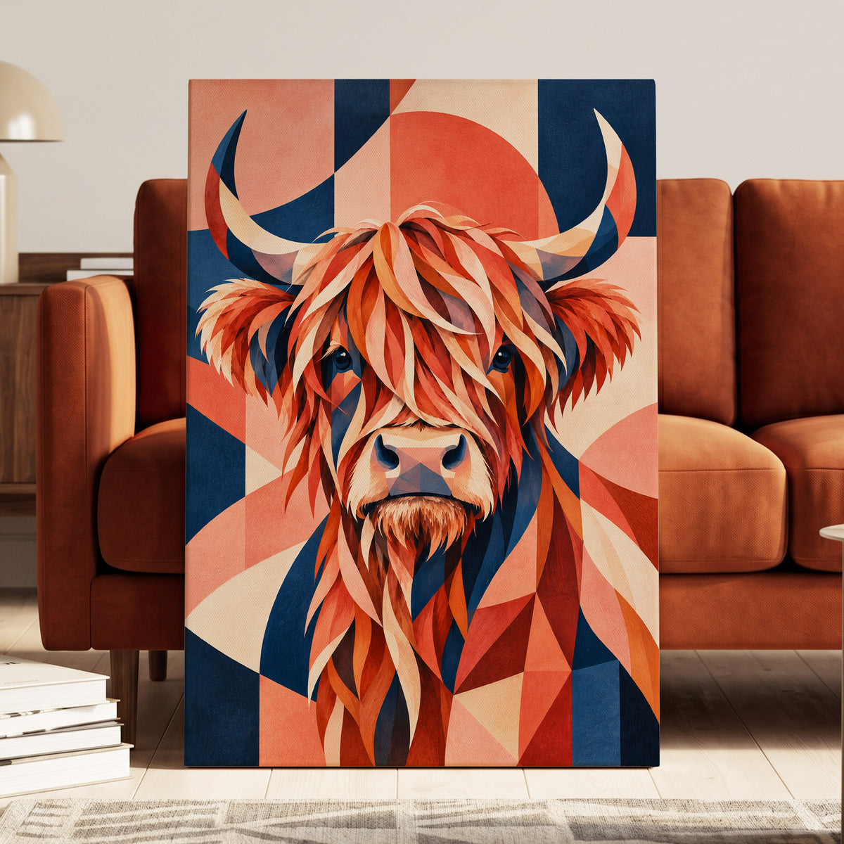 Highland Ember, orange, blue, beige nature wall art on canvas displayed in a styled interior, gallery view 2