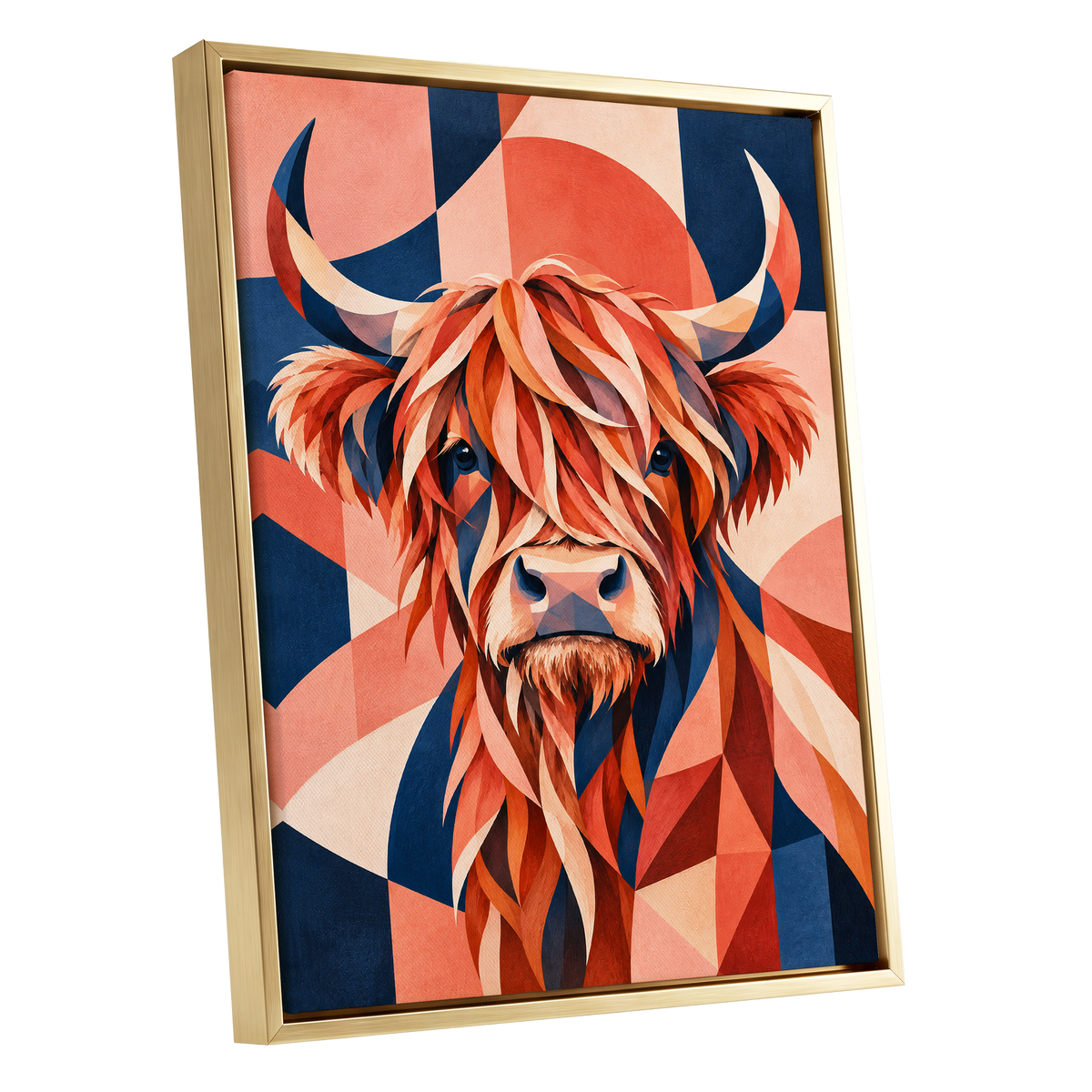 Highland Ember, orange, blue, beige nature wall art shown as a gold framed canvas wall art