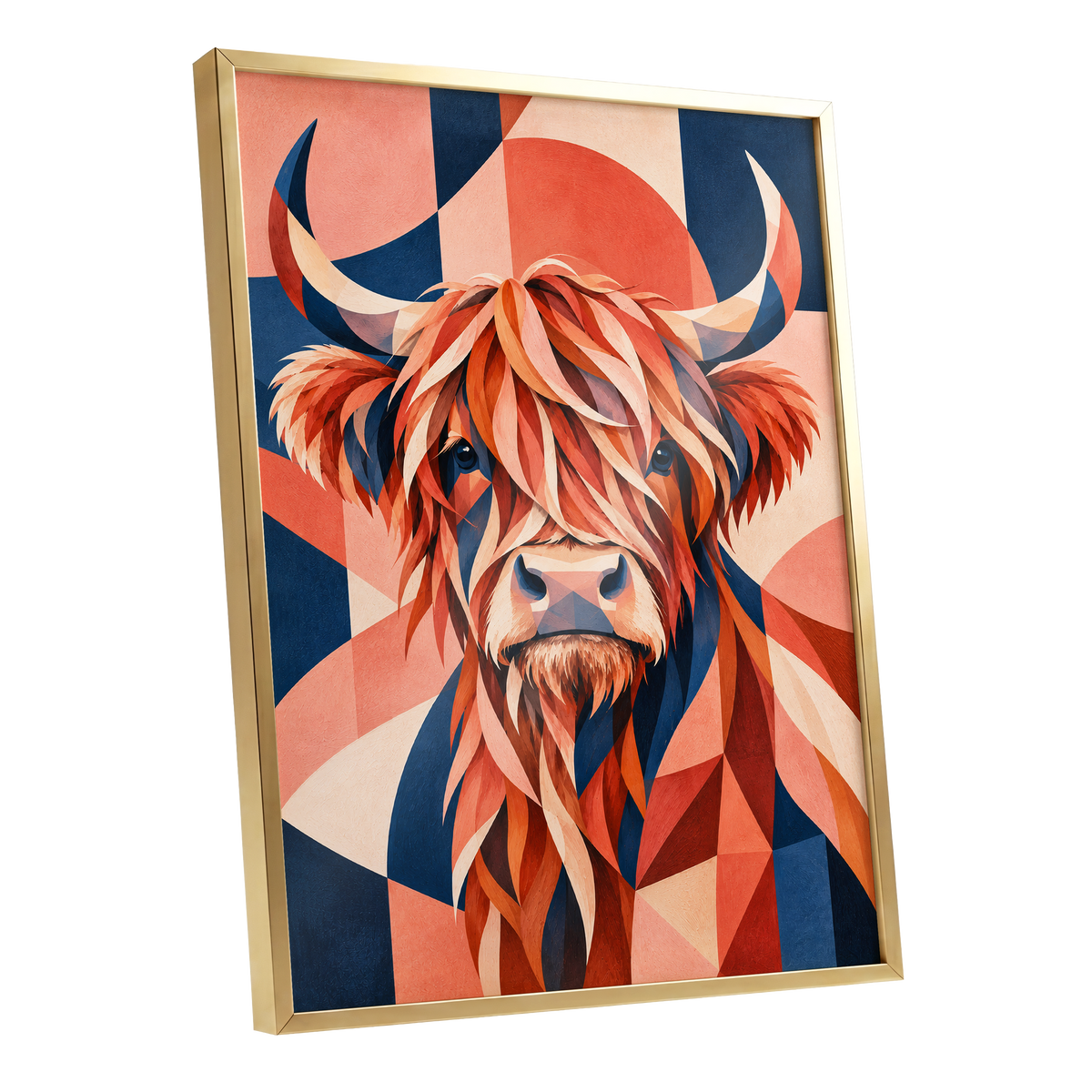Highland Ember, orange, blue, beige nature wall art shown as a gold framed poster wall art print