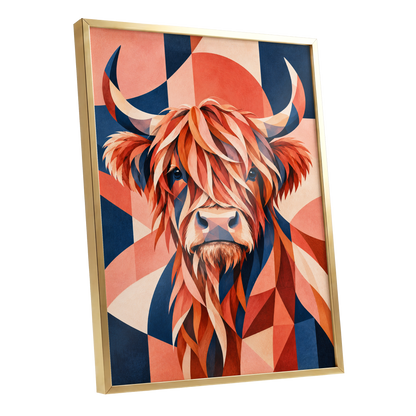 Highland Ember, orange, blue, beige nature wall art shown as a gold framed poster wall art print