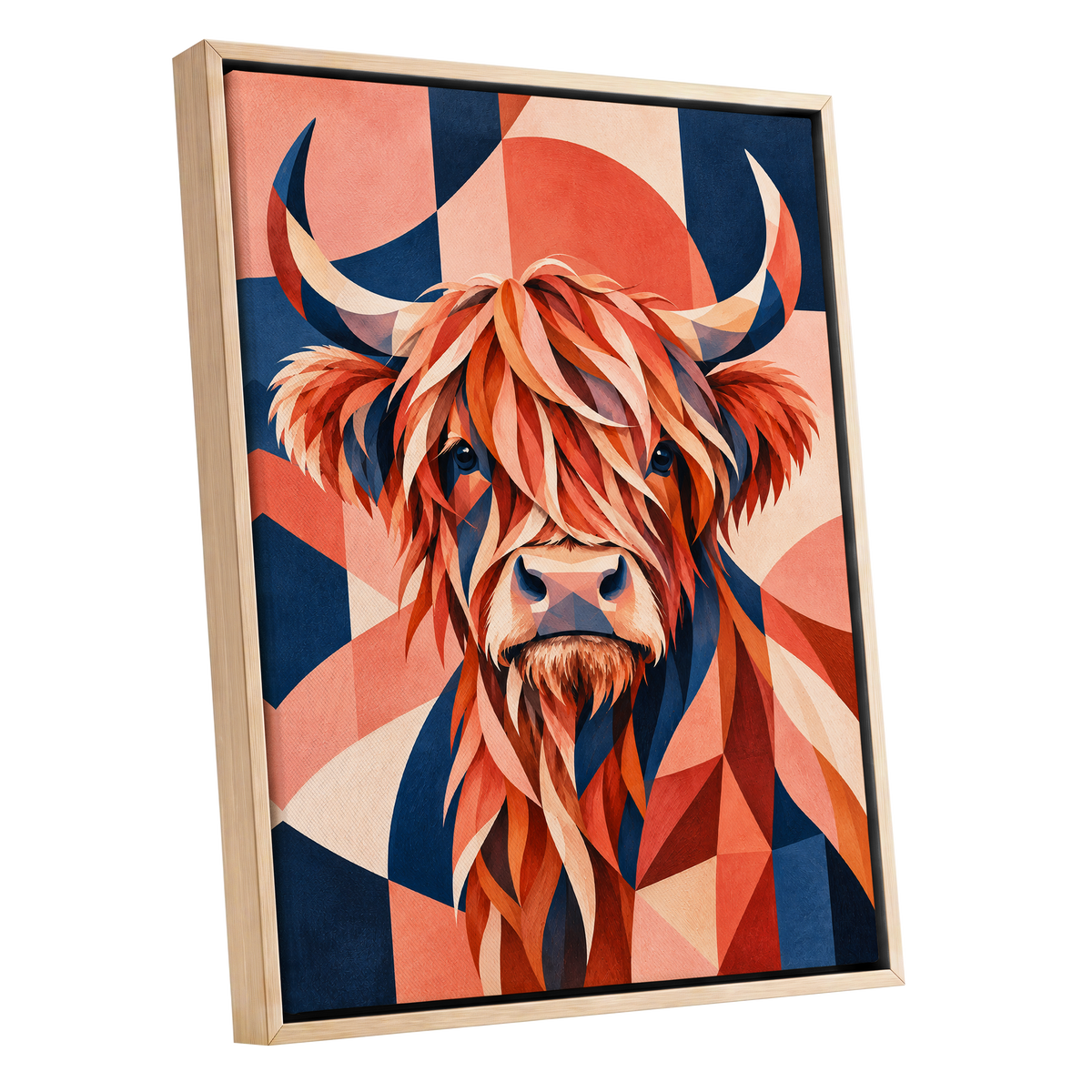 Highland Ember, orange, blue, beige nature wall art shown as a oak framed canvas wall art