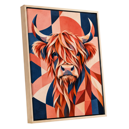 Highland Ember, orange, blue, beige nature wall art shown as a oak framed canvas wall art