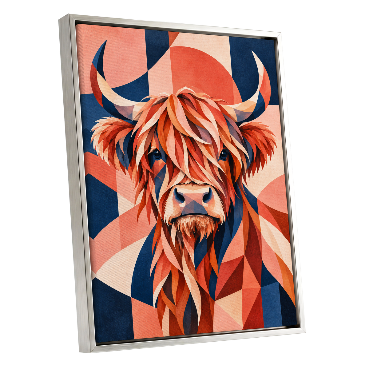 Highland Ember, orange, blue, beige nature wall art shown as a silver framed canvas wall art