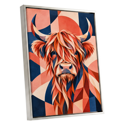 Highland Ember, orange, blue, beige nature wall art shown as a silver framed canvas wall art