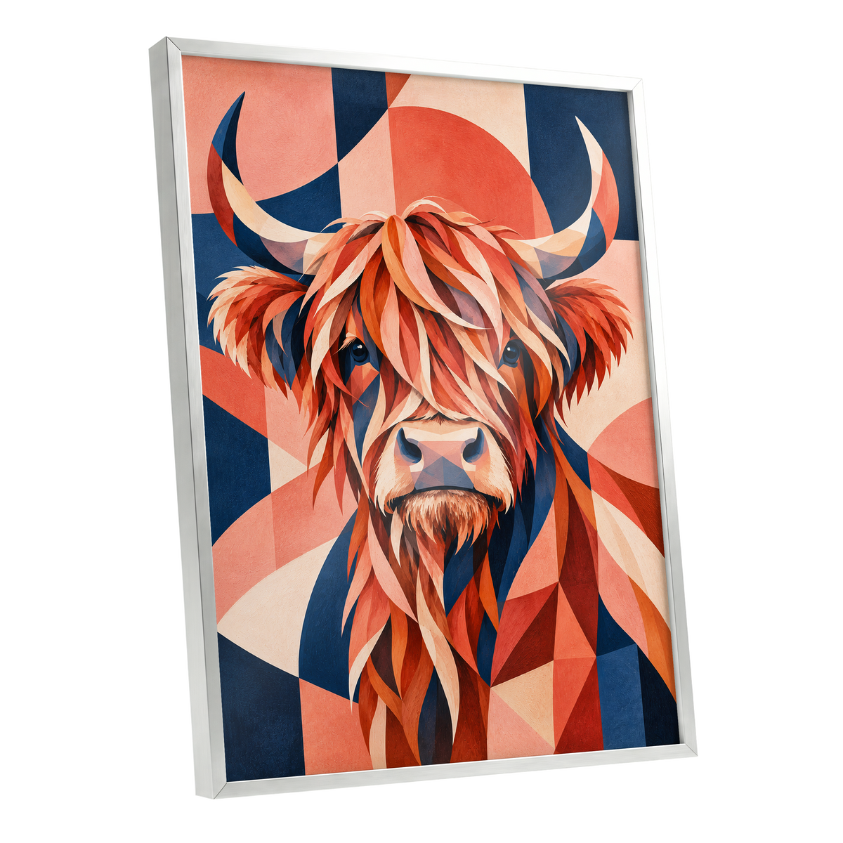 Highland Ember, orange, blue, beige nature wall art shown as a silver framed poster wall art print