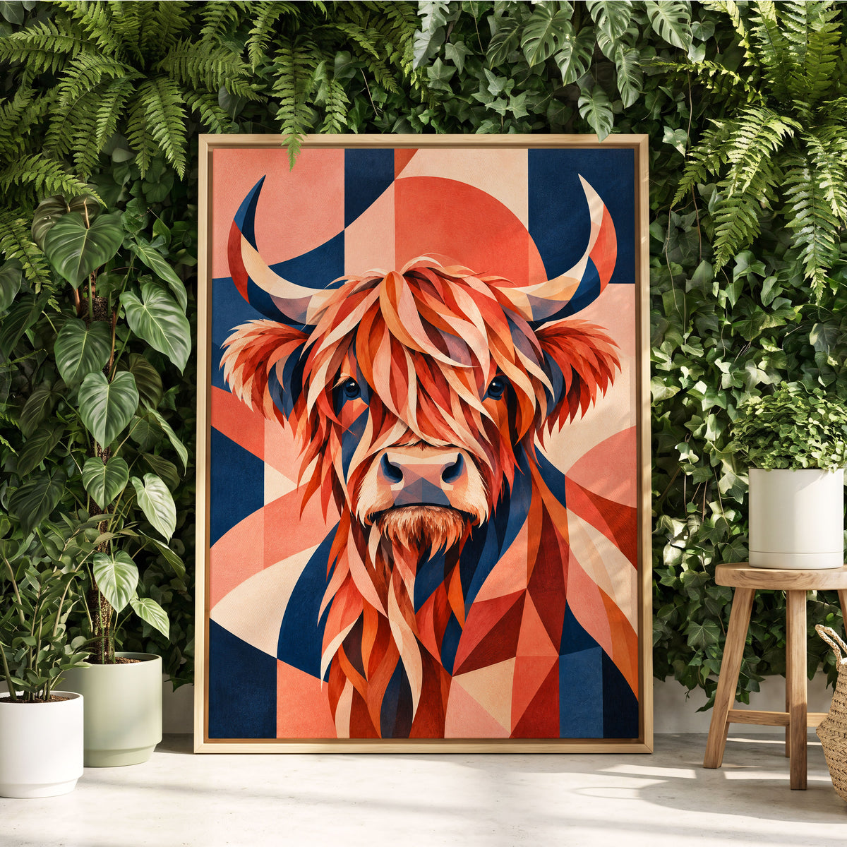 Highland Ember, orange, blue, beige nature wall art displayed in a styled interior, gallery view 2