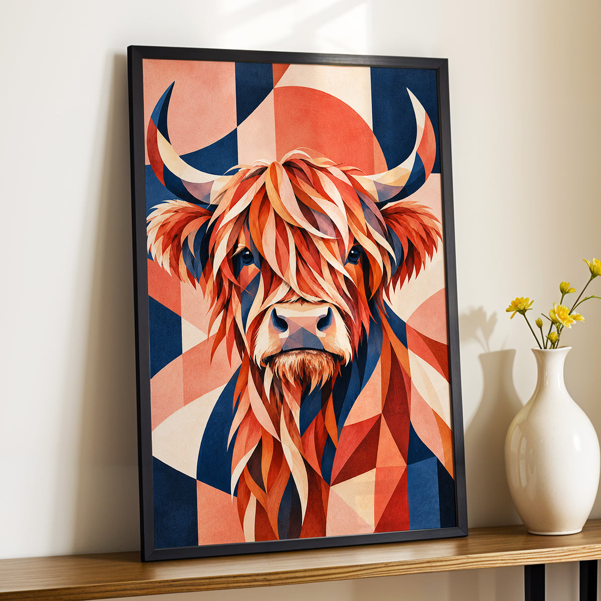 Highland Ember, orange, blue, beige nature wall art displayed in a styled interior, gallery view 3