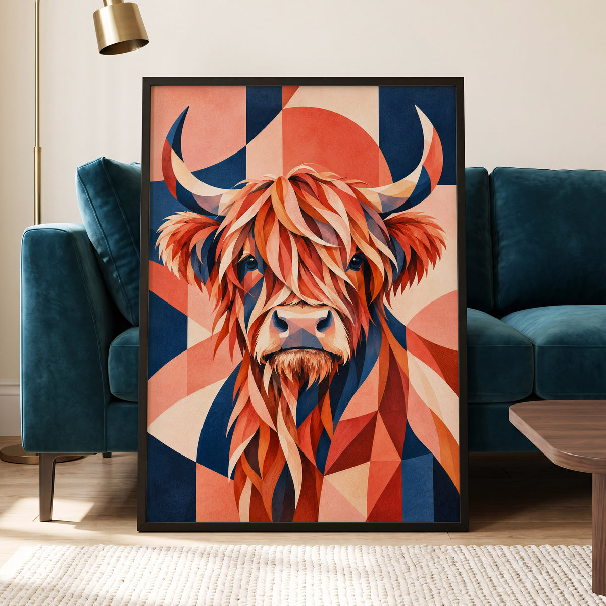 Highland Ember, orange, blue, beige nature wall art displayed in a styled interior, gallery view 4