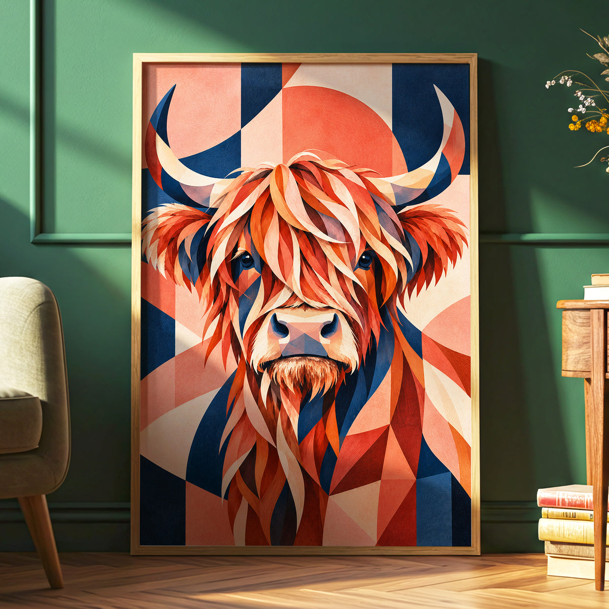 Highland Ember, orange, blue, beige nature wall art displayed in a styled interior, gallery view 6