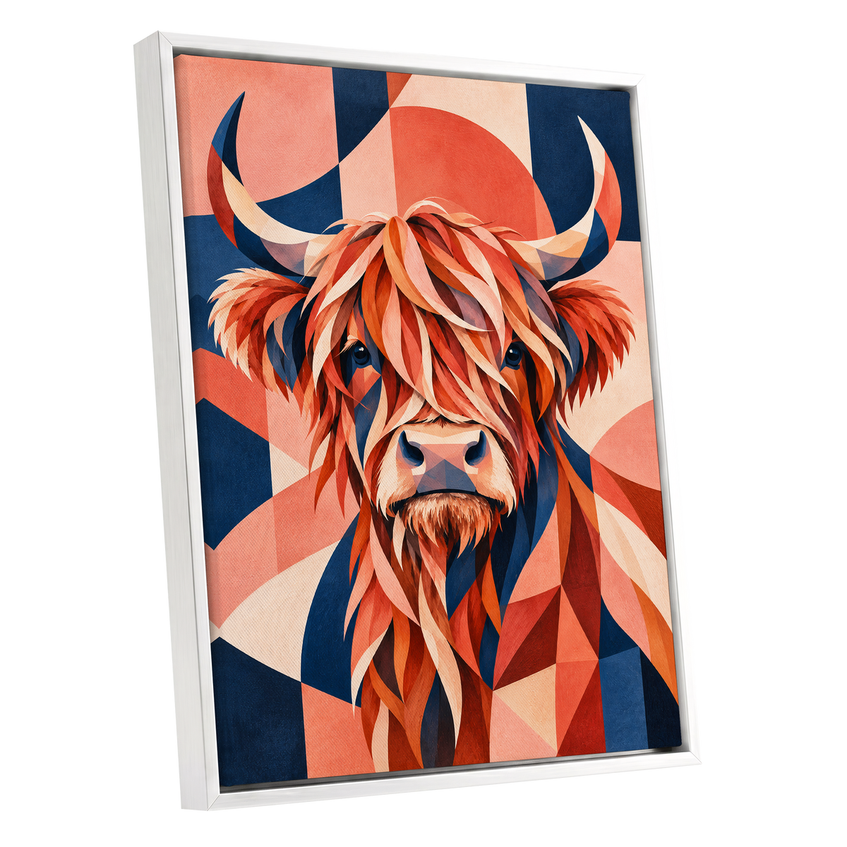 Highland Ember, orange, blue, beige nature wall art shown as a white framed canvas wall art
