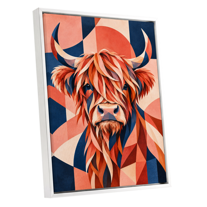 Highland Ember, orange, blue, beige nature wall art shown as a white framed canvas wall art